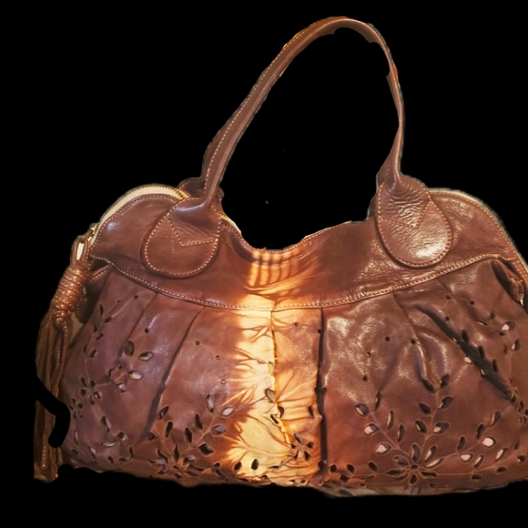 CATERINA LUCCHI-Brn/Ivory Leather Tie Dye Satchel w/ Tassel-NEW - Picture 3 of 15